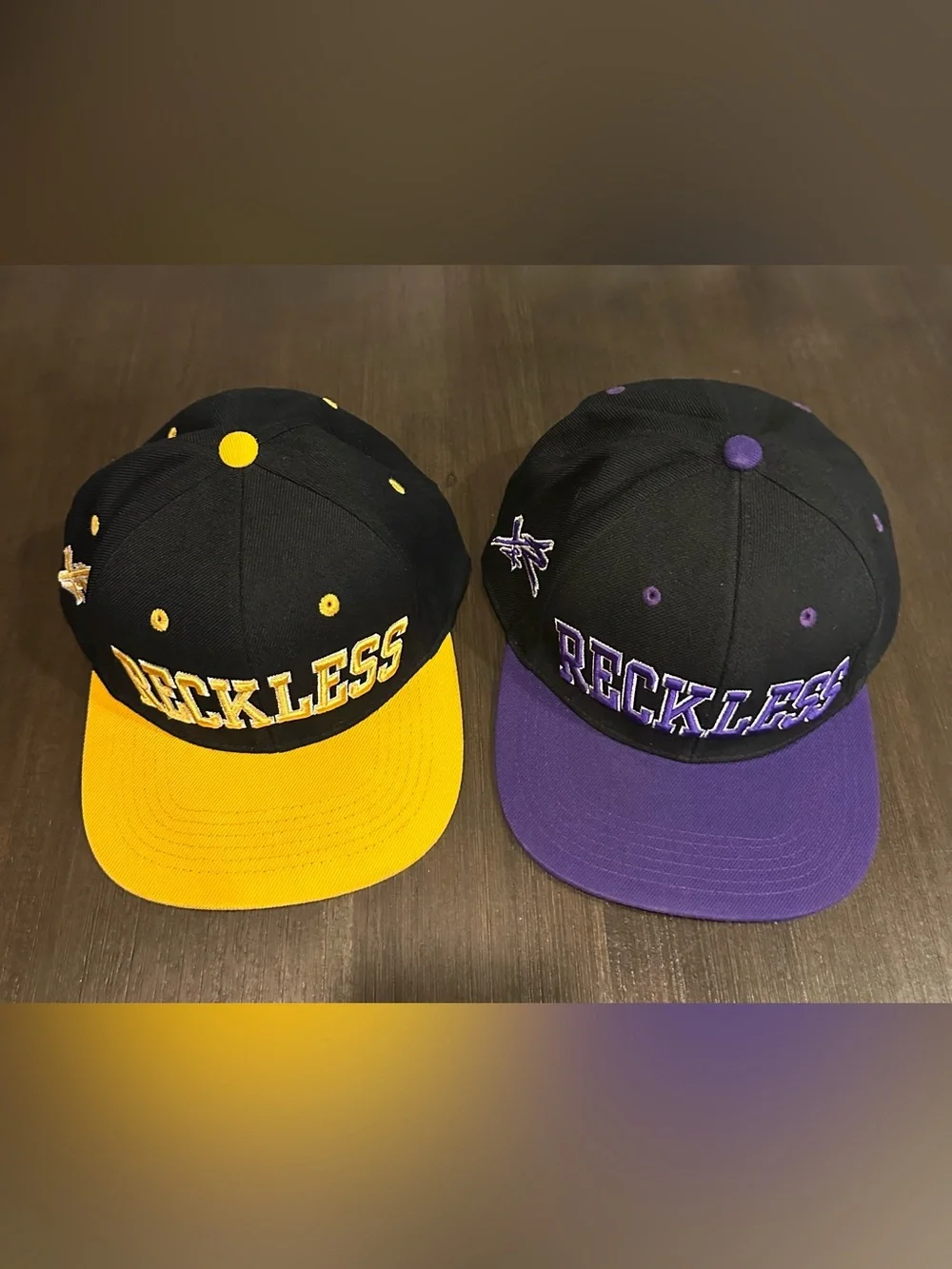 2 -Young & Reckless Block Letter Snapback Hats - Black/Yellow & Black/Purple